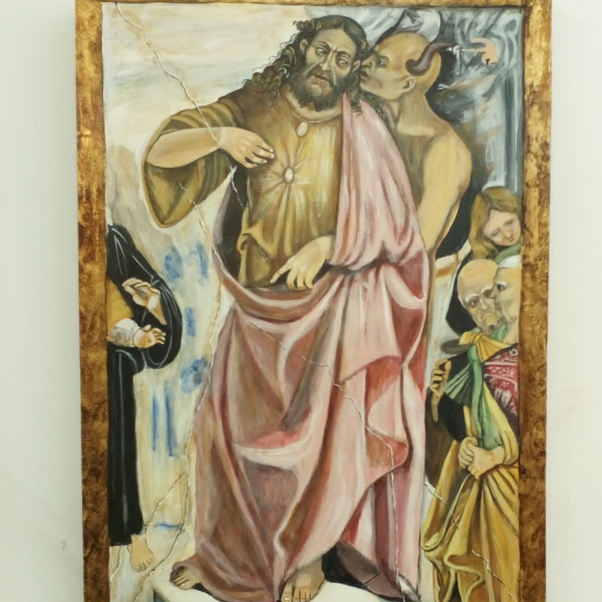 Per info e acquisto: <a href="mailto:studioartelidiavici@gmail.com">studioartelidiavici@gmail.com</a><br>
Il Giudizio Universale di Luca Signorelli, particolare dell'anticristo. Dipinto a mano, tecnica mista su tavola 34 x 68 cm e foglia oro. Opera su commissione. <br>