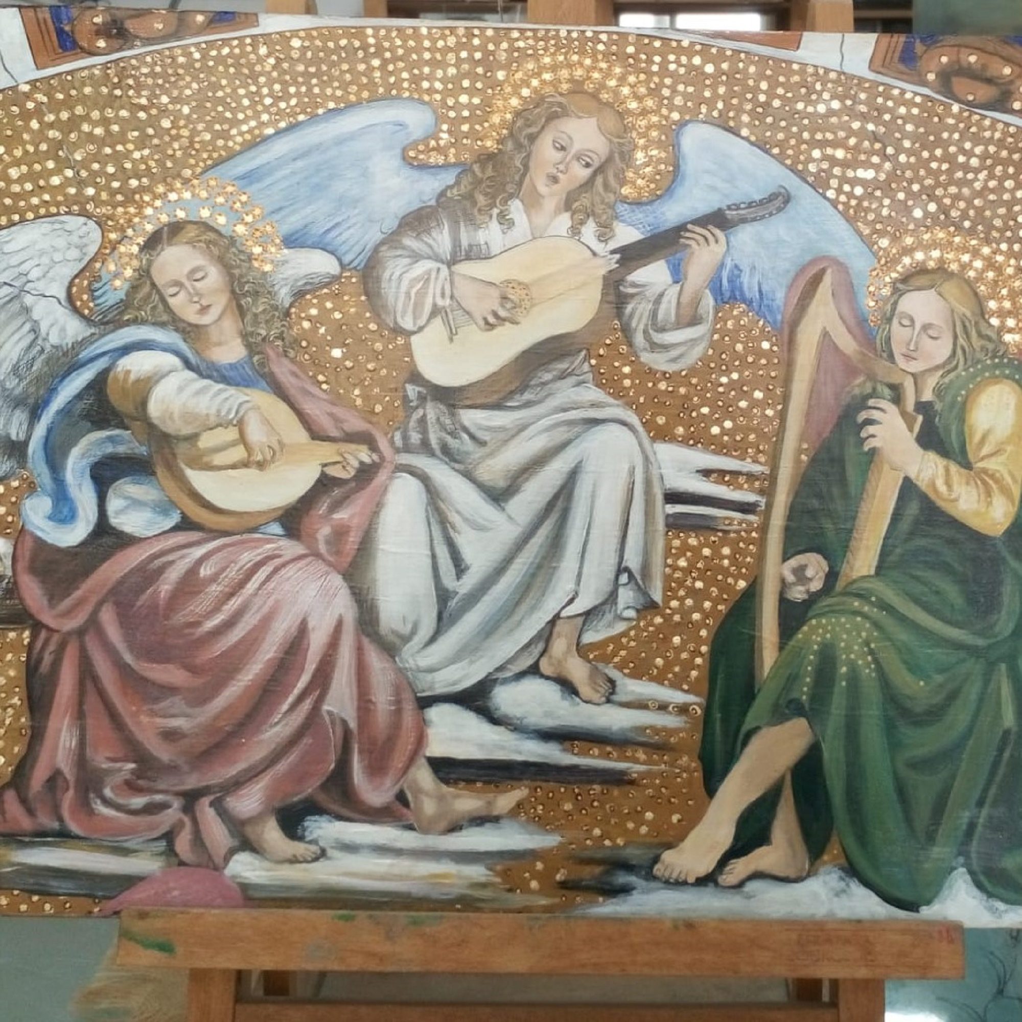 Per info e acquisto: <a href="mailto:studioartelidiavici@gmail.com">studioartelidiavici@gmail.com</a><br>
Particolare de Beati in Paradiso di Luca Signorelli. Dipinto a mano, tecnica mista su tavola 62 x 32 cm.