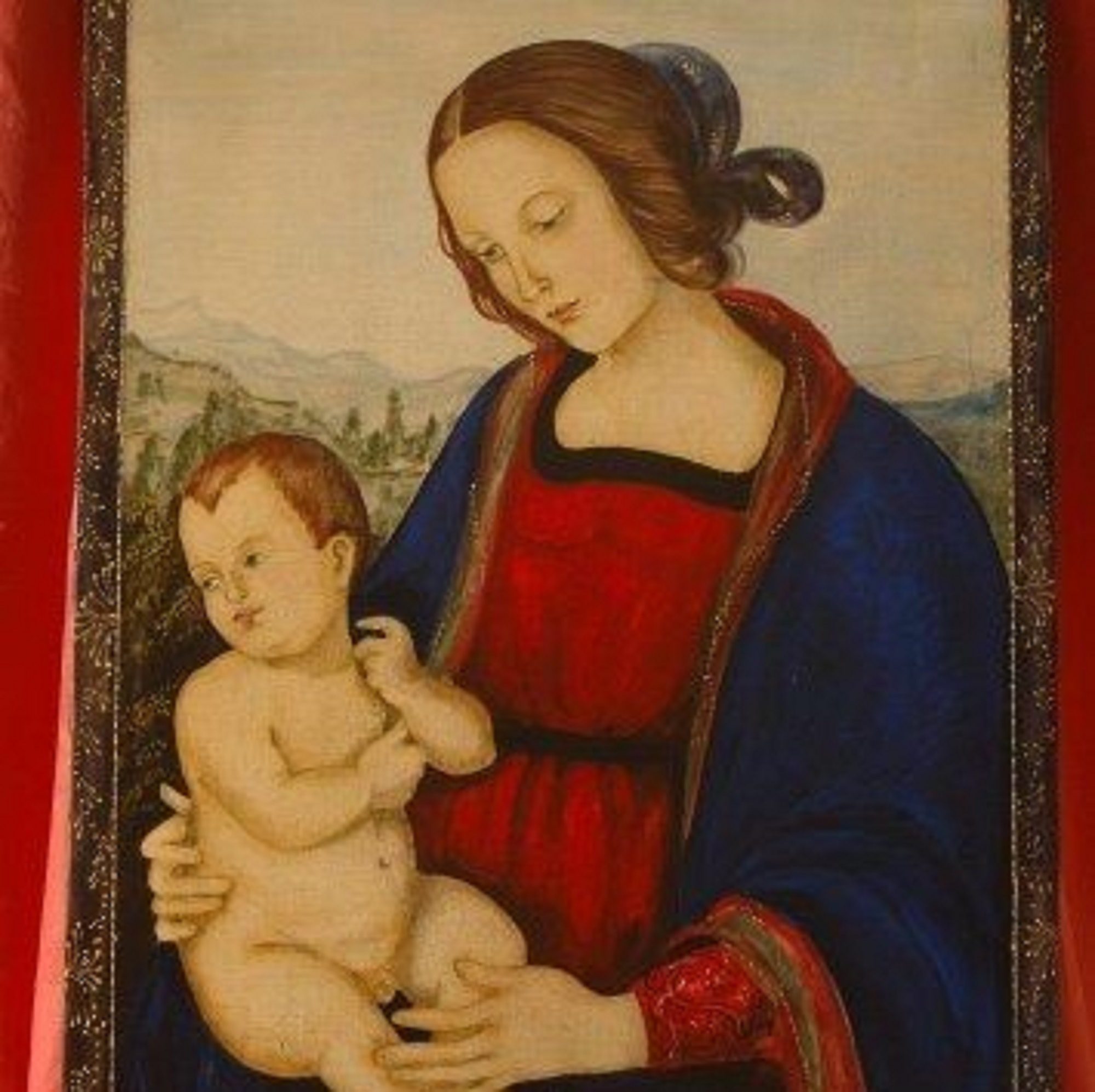 Per info e acquisto: <a href="mailto:studioartelidiavici@gmail.com">studioartelidiavici@gmail.com</a><br>Vergine con il Bambino di Pietro Perugino, tempera all'uovo su tavola di tiglio 50 x 70 cm.