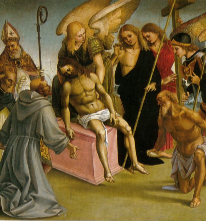 Lamentation over the dead Christ between angels and saints